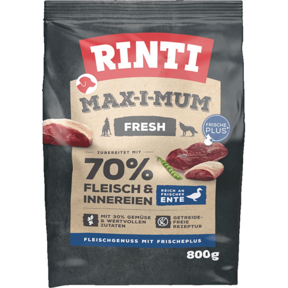 Rinti Max-i-Mum Ente Hundefutter: 800g Beutel mit 70% Fleisch & Innereien, Gemüse und Getreidefrei.