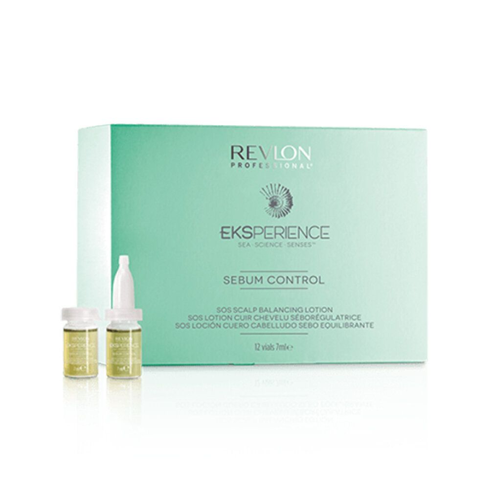 Hellgrüne Schachtel mit 12 kleinen Fläschchen. Auf der Schachtel steht "Revlon Eksperience Sebum Control".