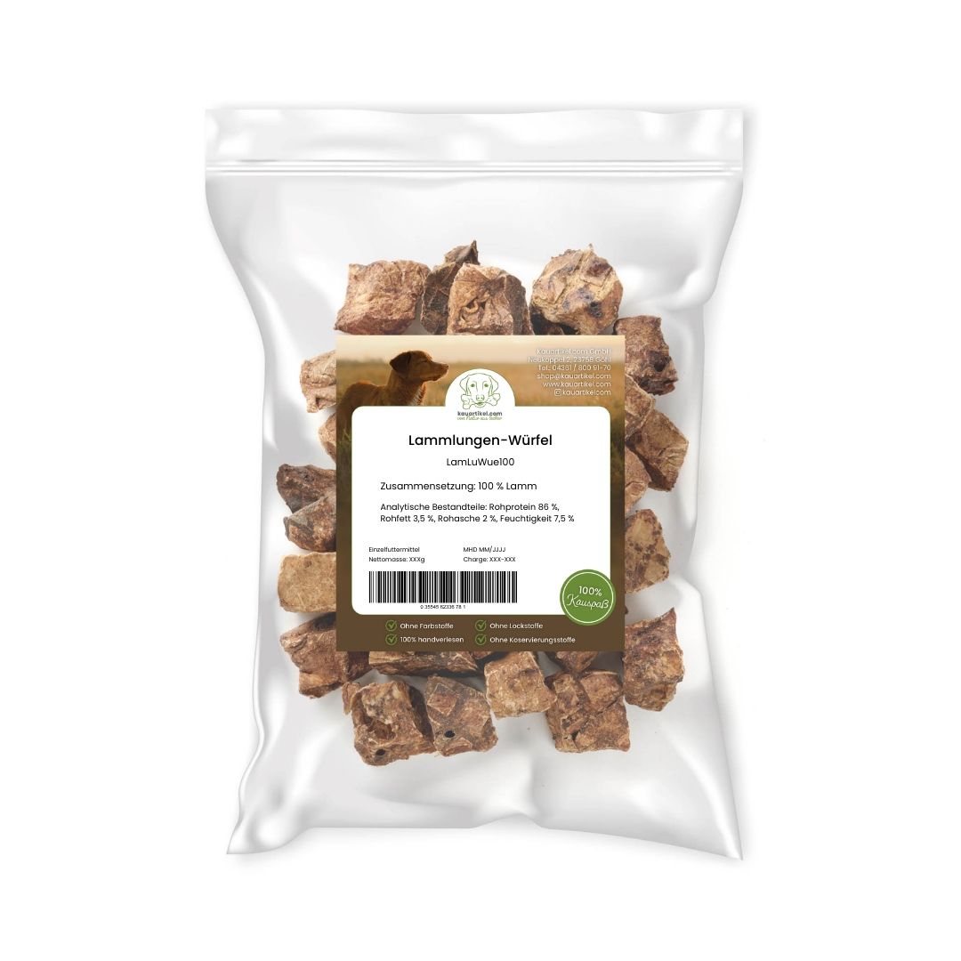 Hundefutter: Lamm Lungenwürfel, ca. 1-3 cm groß. Geringer Fettgehalt.