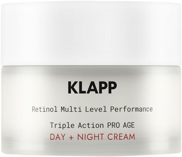 Creme-Tiegel mit weißem Deckel. Aufschrift: Klapp, Retinol Multi Level Performance, Triple Action PRO AGE, DAY + NIGHT CREAM. Produktbeschreibung.