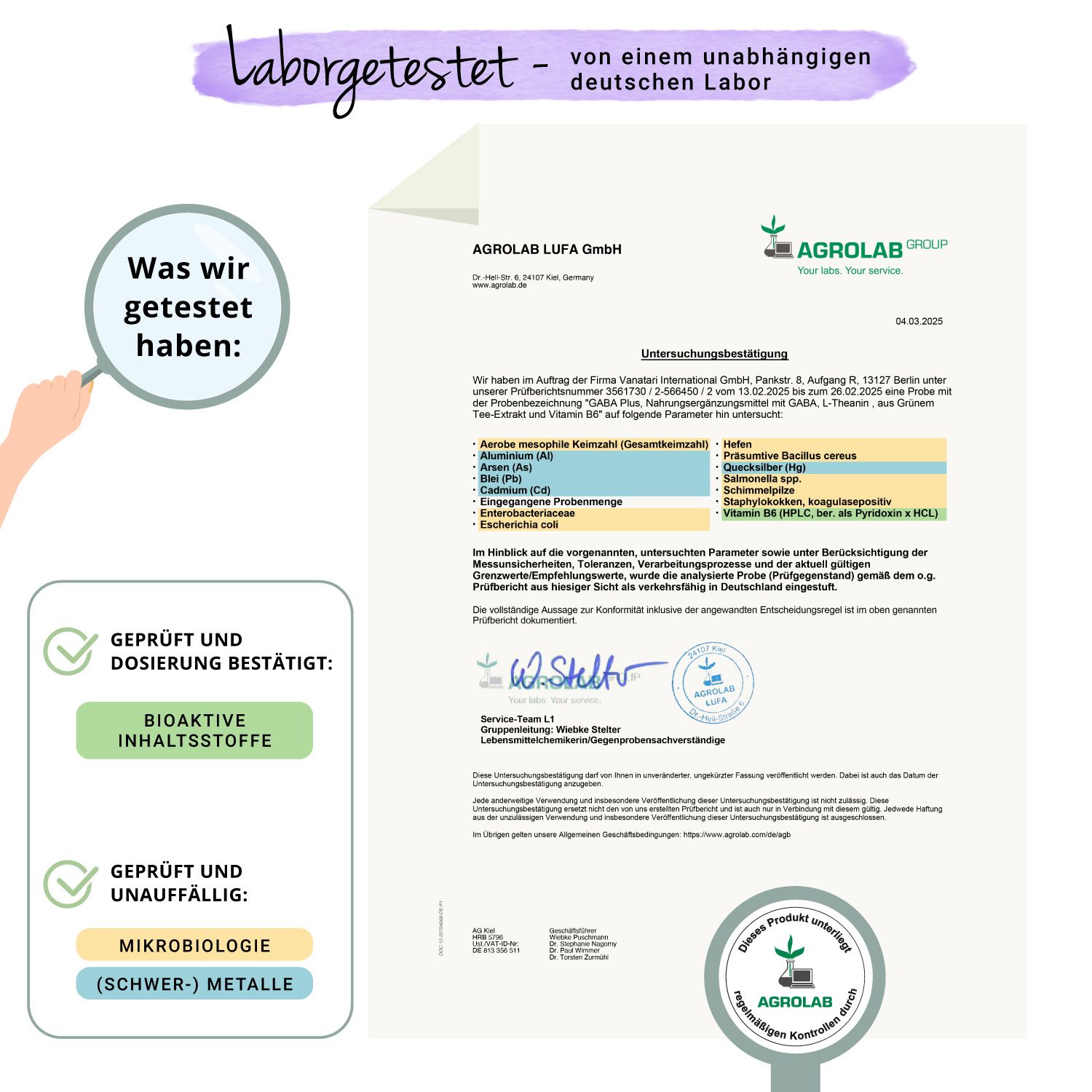 Zertifikat von Agrolab LUFA GmbH. Geprüft und bestätigt: Bioaktive Inhaltsstoffe. Geprüft und unauffällig: Mikrobiologie (Schwermetalle).