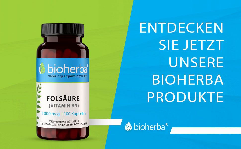 Braune Flasche mit schwarzen Deckel. Aufschrift: Folsäure (Vitamin B9) 1000 mcg | 100 Kapseln. Marke: bioherba. Blauer Hintergrund.