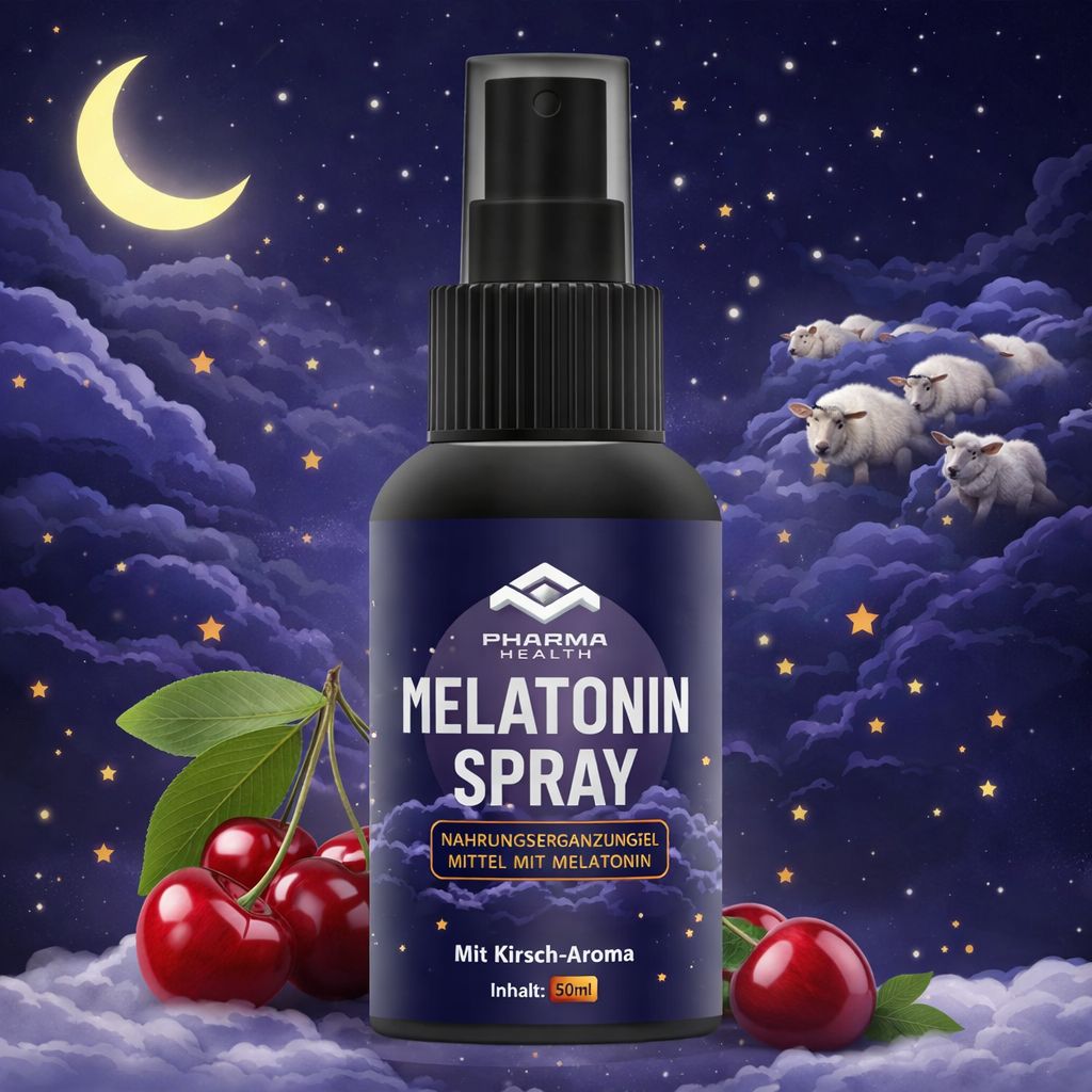 Dunkle Flasche mit schwarzem Sprühkopf. Aufschrift: Pharma Health Melatonin Spray. Kirschen und Blätter am unteren Rand. Hintergrund: Mond und Sterne.