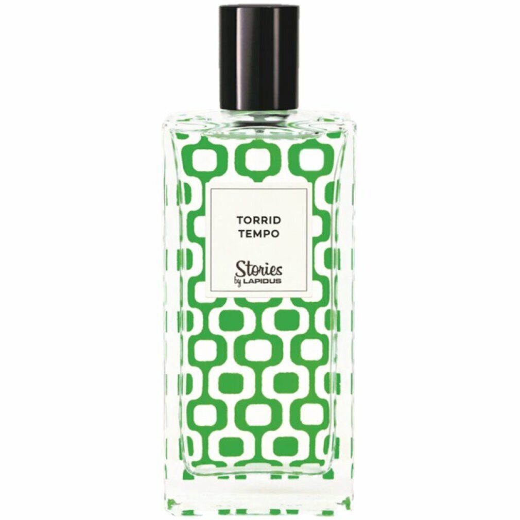 Rechteckiger Flakon mit grünem Muster. Schwarzer Verschluss. Aufschrift "Torrid Tempo" und "Stories by Lapidus".