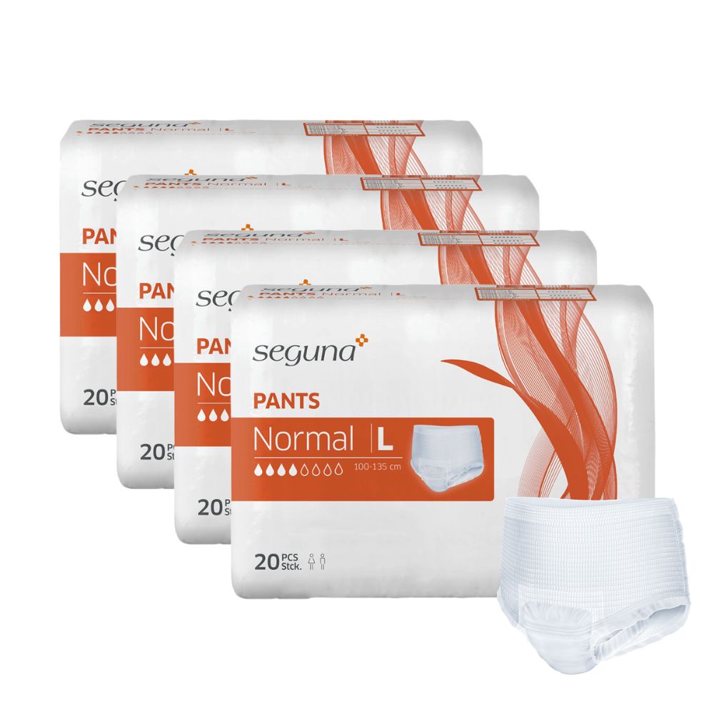 SEGUNA Pants Normal L. Vier Packungen und eine einzelne weiße Inkontinenzhose.