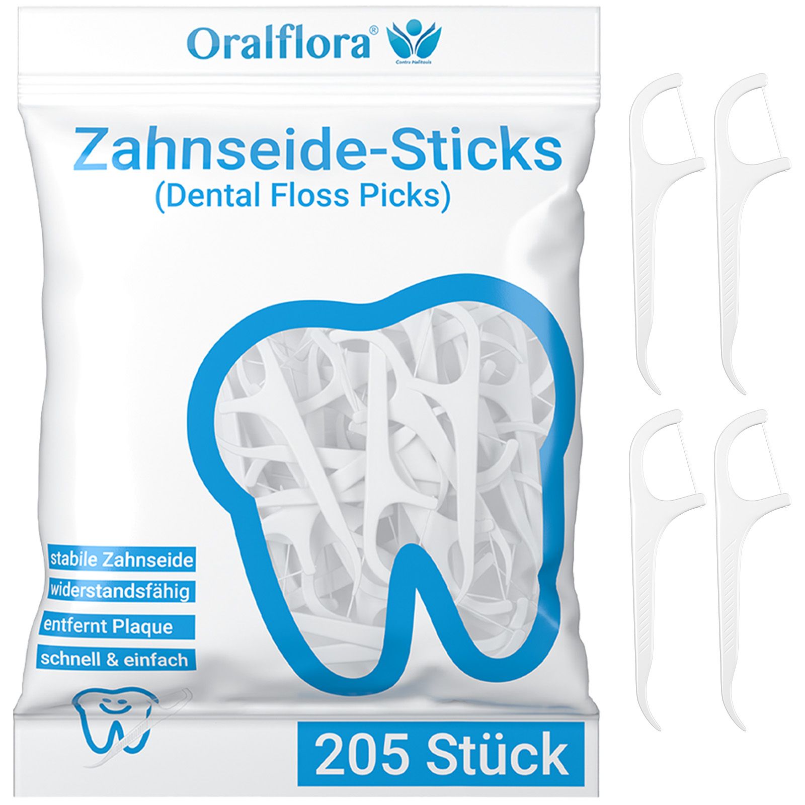 Weiße Zahnpfaden-Sticks in einer Verpackung. Aufschrift: Zahnseide-Sticks, 205 Stück. Logo: Zahn mit Zahnseide.