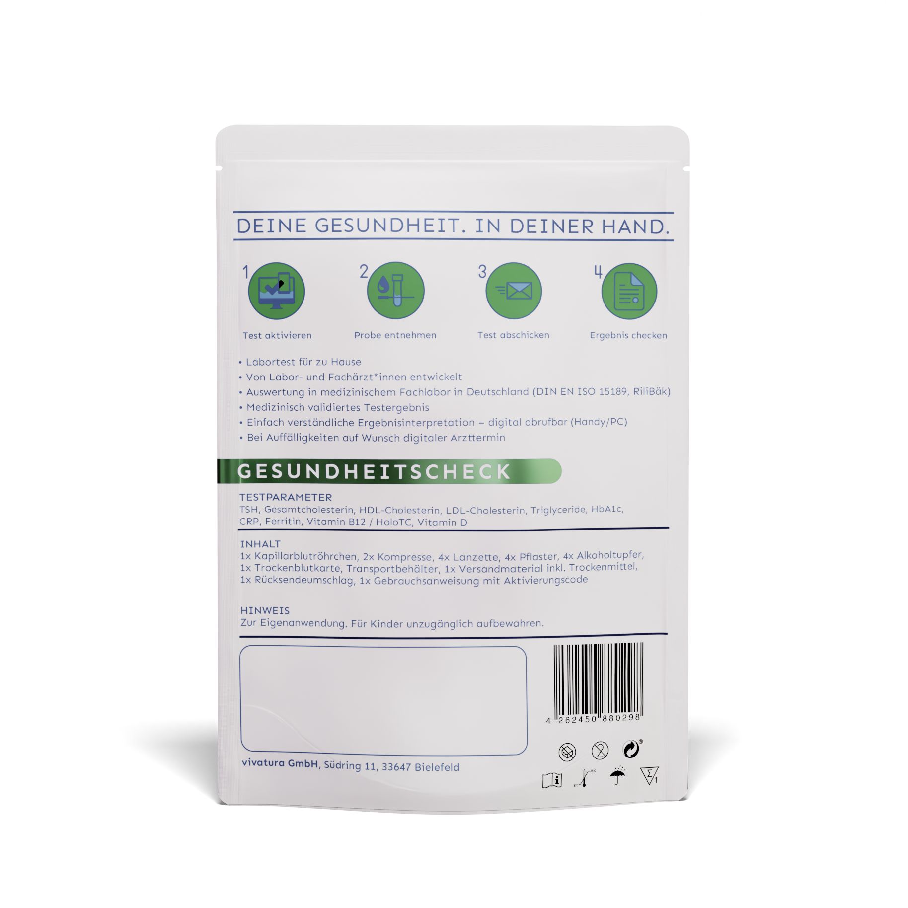 Rückseite der Verpackung mit Text: "DEINE GESUNDHEIT. IN DEINER HAND.", Schritt-für-Schritt-Anleitung und Testparameter.