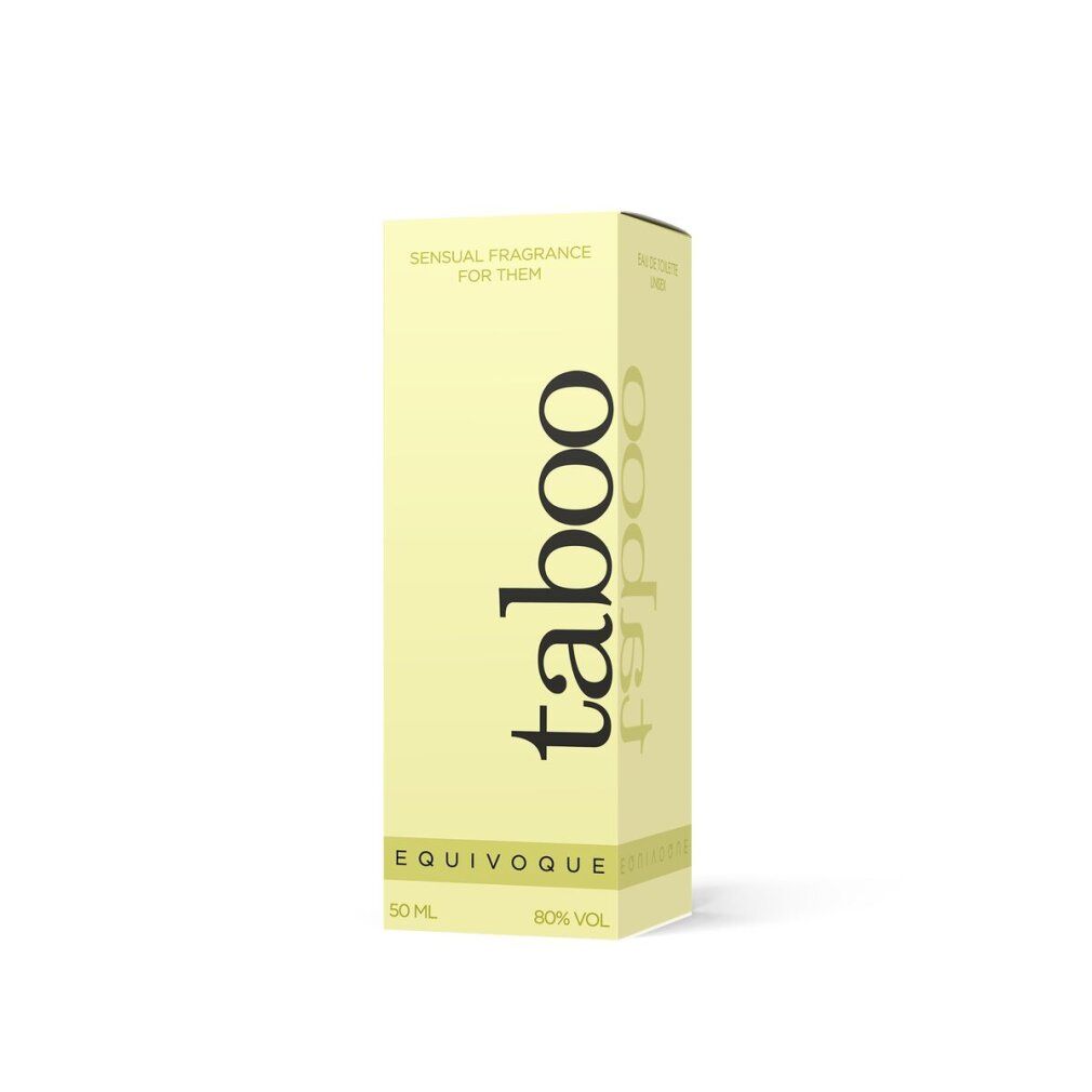 Gelbe Verpackung mit "taboo" und "EQUIVOQUE". Text: "SENSUAL FRAGRANCE FOR THEM".