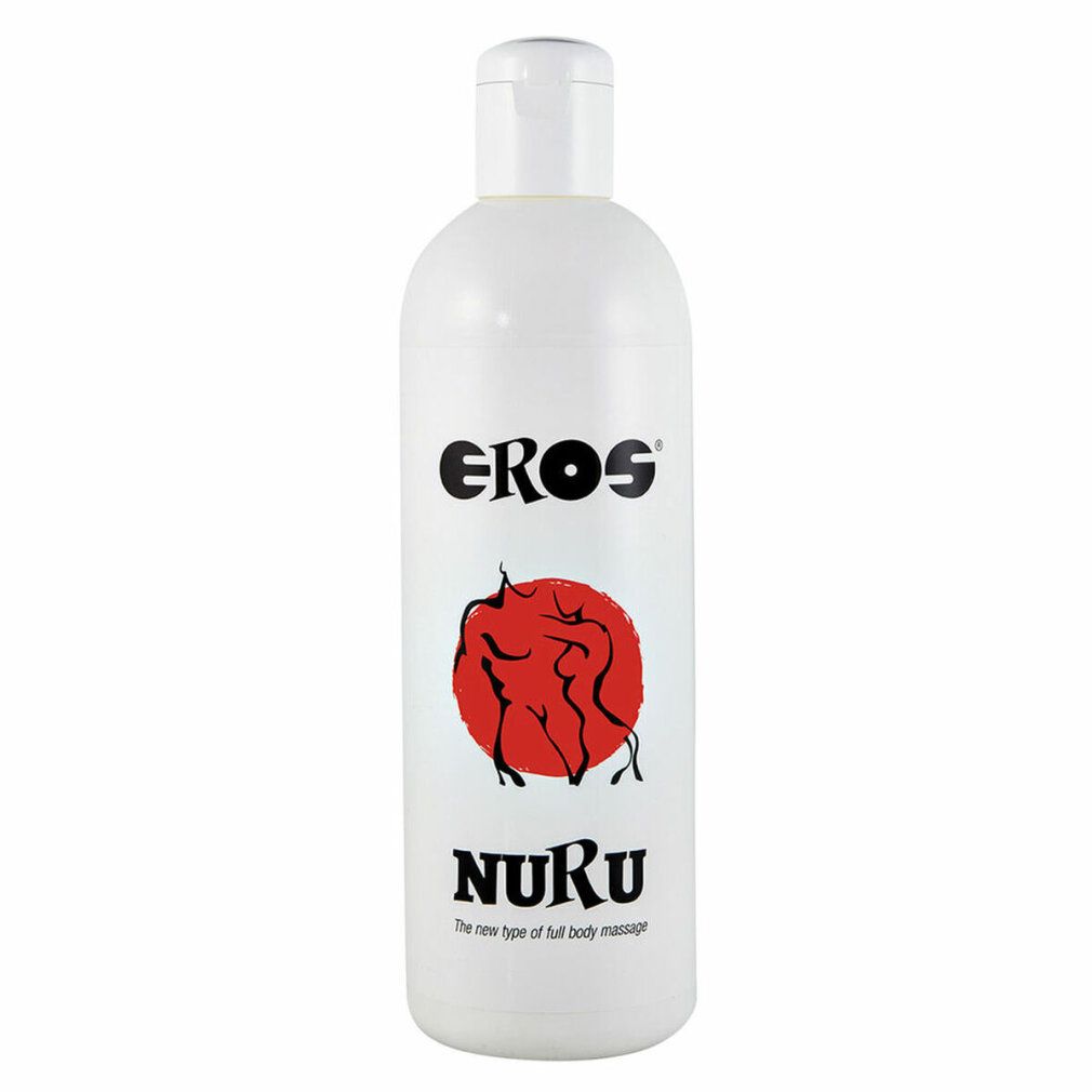 Weiße Flasche mit schwarzem „EROS“-Schriftzug, rotem Kreis mit Figuren und „NURU“-Schriftzug. Flaschenverschluss oben.