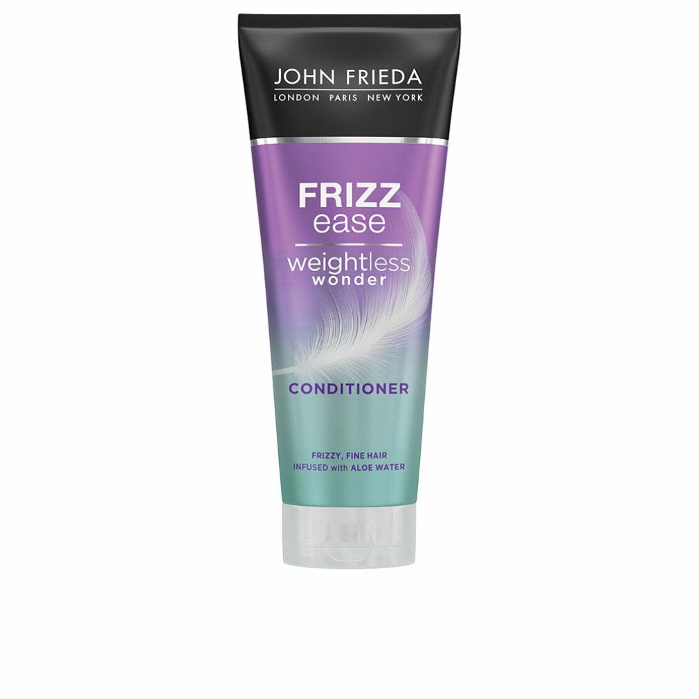 Tube Conditioner von John Frieda. Lila-grünes Design mit Text: Frizz Ease, Weightless Wonder, Conditioner. Für Frizz, feines Haar.