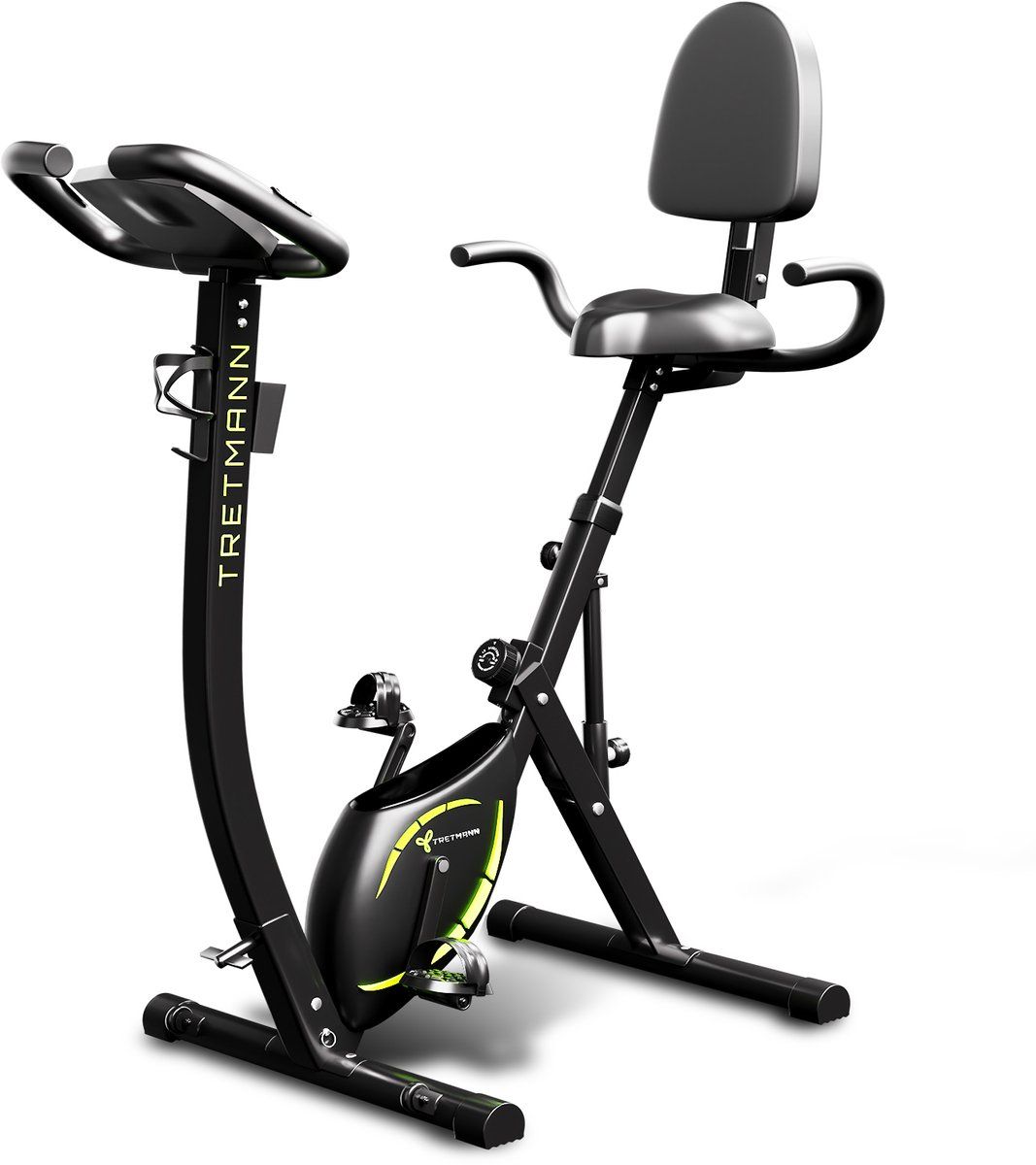Schwarzer Heimtrainer mit Rückenlehne, Armlehnen und Pedalen. Das Logo "Tretmann" ist sichtbar.