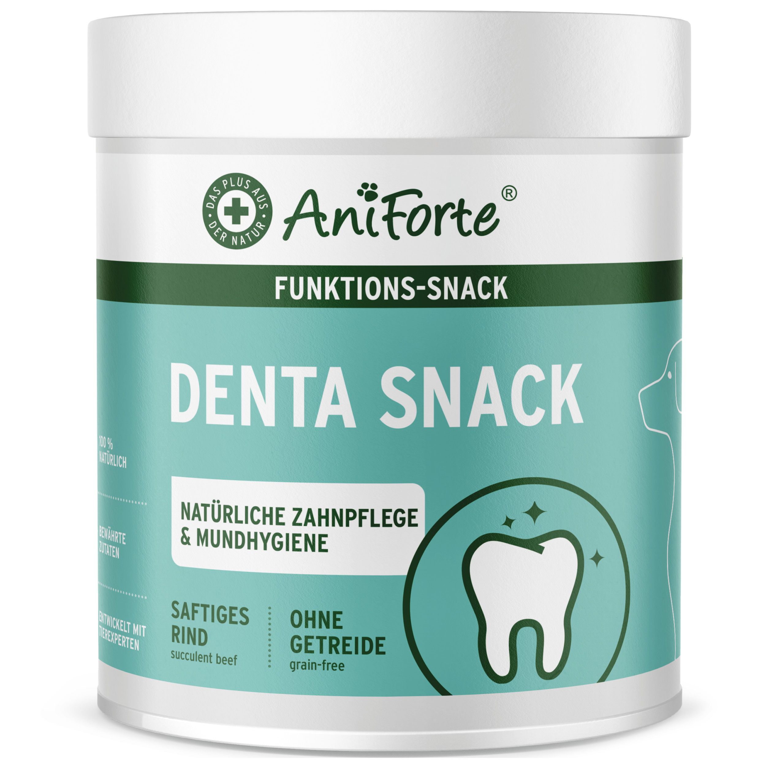 Weiße Dose mit Denta Snack. Text: Funktions-Snack, natürliche Zahnpflege & Mundhygiene. Logo: AniForte.