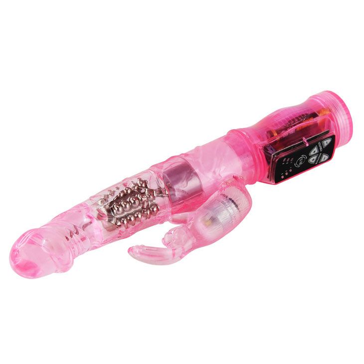 Rosa Vibrator mit transparenten Elementen. Mit Bedienfeld und Knopf. Der Vibrator hat eine Kaninchenform.