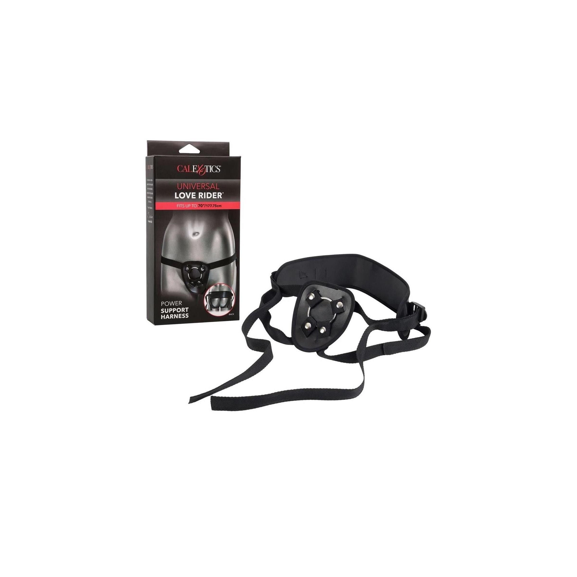 Schwarzer Harness und Verpackung. Harness mit schwarzem Band, Halterung und Riemen. Verpackung: CalExotics, Universal Love Rider, Power Support Harness.
