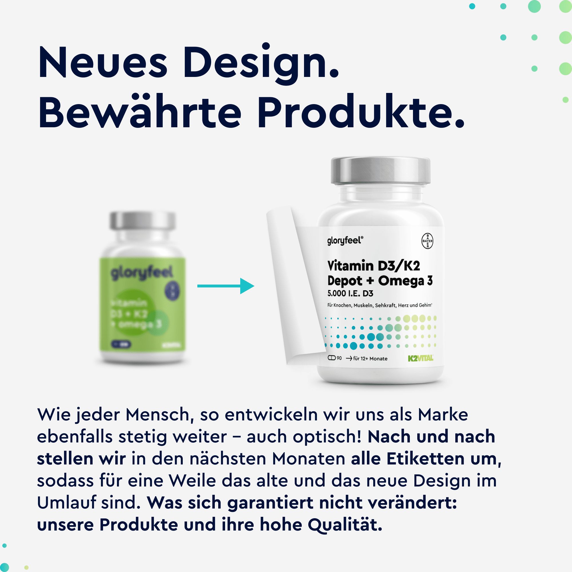 Neues Design: Gloryfeel Vitamin D3/K2 Depot + Omega 3 Kapseln.