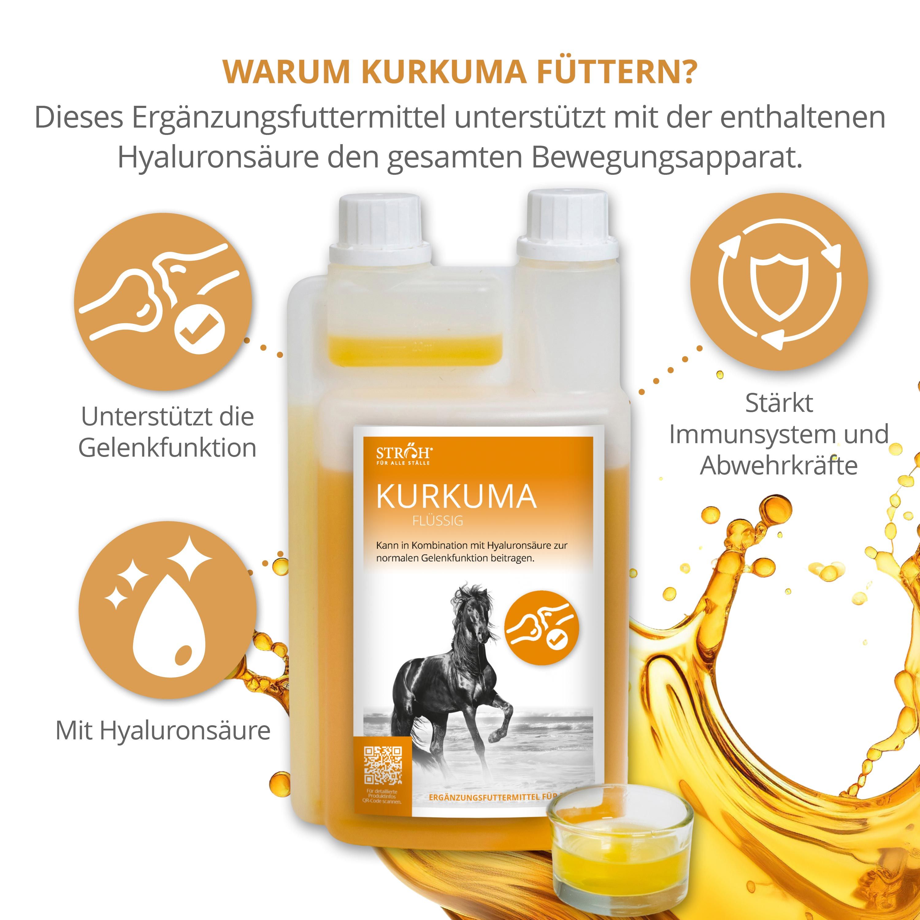 STRÖH Kurkuma Flüssig Flasche mit Icons für Gelenkfunktion, Immunsystem und Hyaluronsäure.