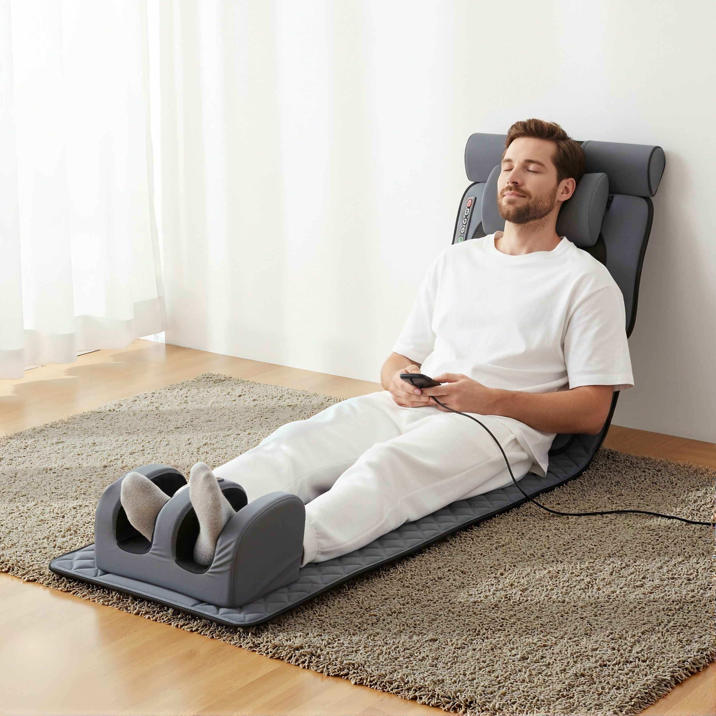 Graue Massagematte mit Kopf- und Fußstütze. Mann sitzt darauf und hält Fernbedienung. Auf einem Teppich.