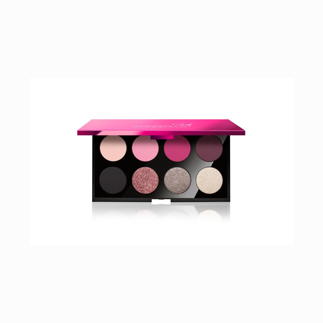 Ga-De Wonderlust Lidschatten-Palette mit acht Farbtönen in einer schwarzen Palette mit pinkfarbenem Deckel. Der Deckel ist geöffnet.
