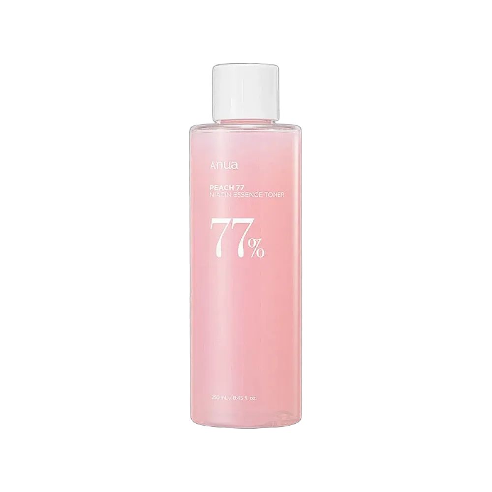 ANUA Peach 77% Niacin Essence Toner in einer durchsichtigen Flasche mit weißem Deckel.