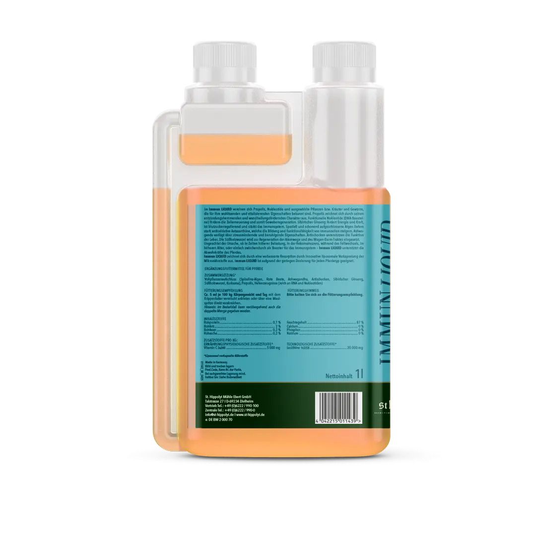 Rückseite der Flasche St. Hippolyt Immun Liquid mit Text und Barcode. Text: Immun Liquid, 1L.