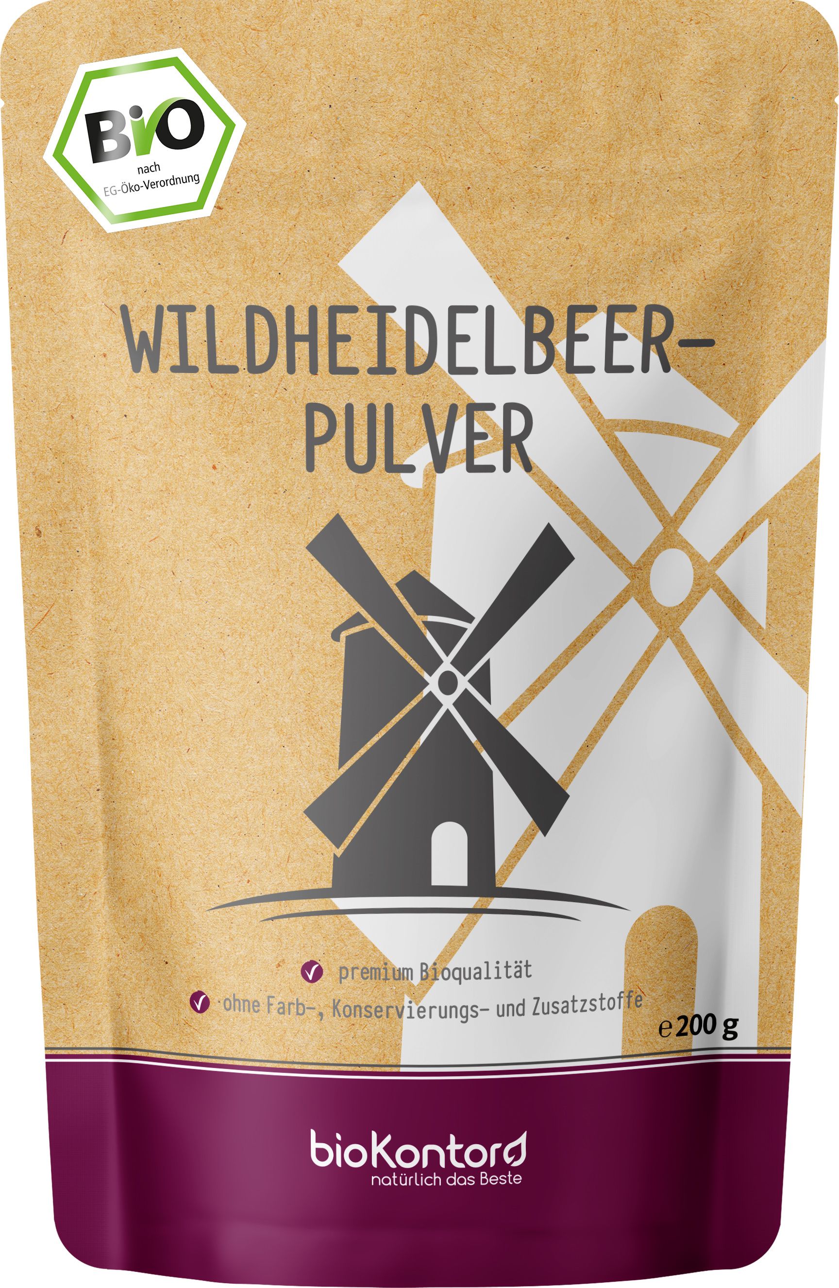 Beutel mit Wildheidelbeer-Pulver. Aufschrift: BIO, Wildheidelbeer-Pulver, ohne Farb-, Konservierungs- und Zusatzstoffe. Logo: BioKontor.
