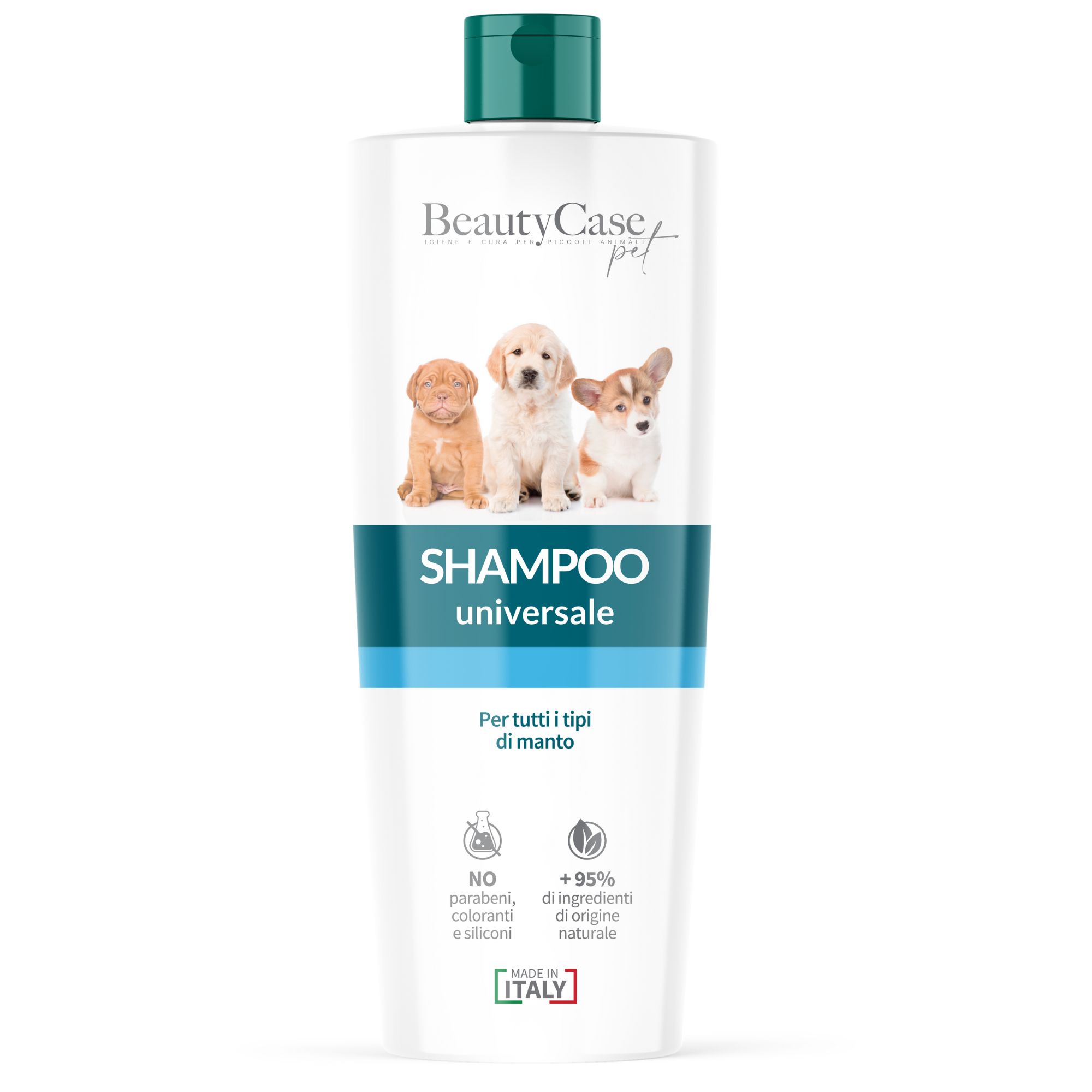 Weißes Shampoo-Behälter mit grünem Deckel. Aufschrift: BeautyCase pet, Shampoo universale. Abbildung von Welpen. Text: Per tutti i tipi di manto.