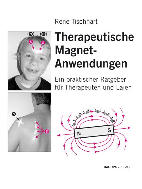 Buchcover: "Therapeutische Magnet-Anwendungen". Abbildungen von Personen mit Markierungen und Magnetfeld-Illustration.