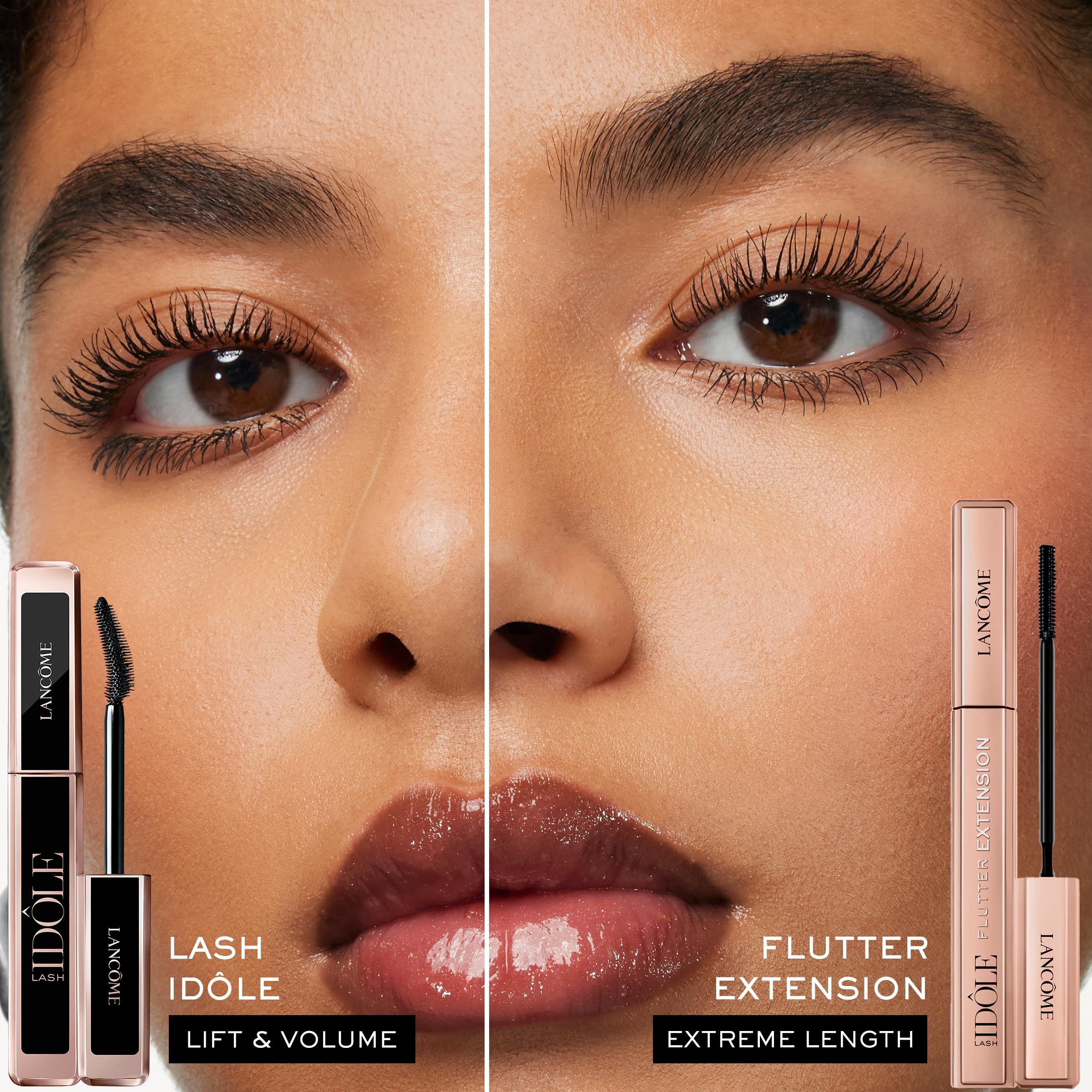 Vergleich von Wimpern mit und ohne Mascara. Mascara-Fläschchen. Text: Lash Idôle, Flutter Extension, Lift & Volume, Extreme Length.