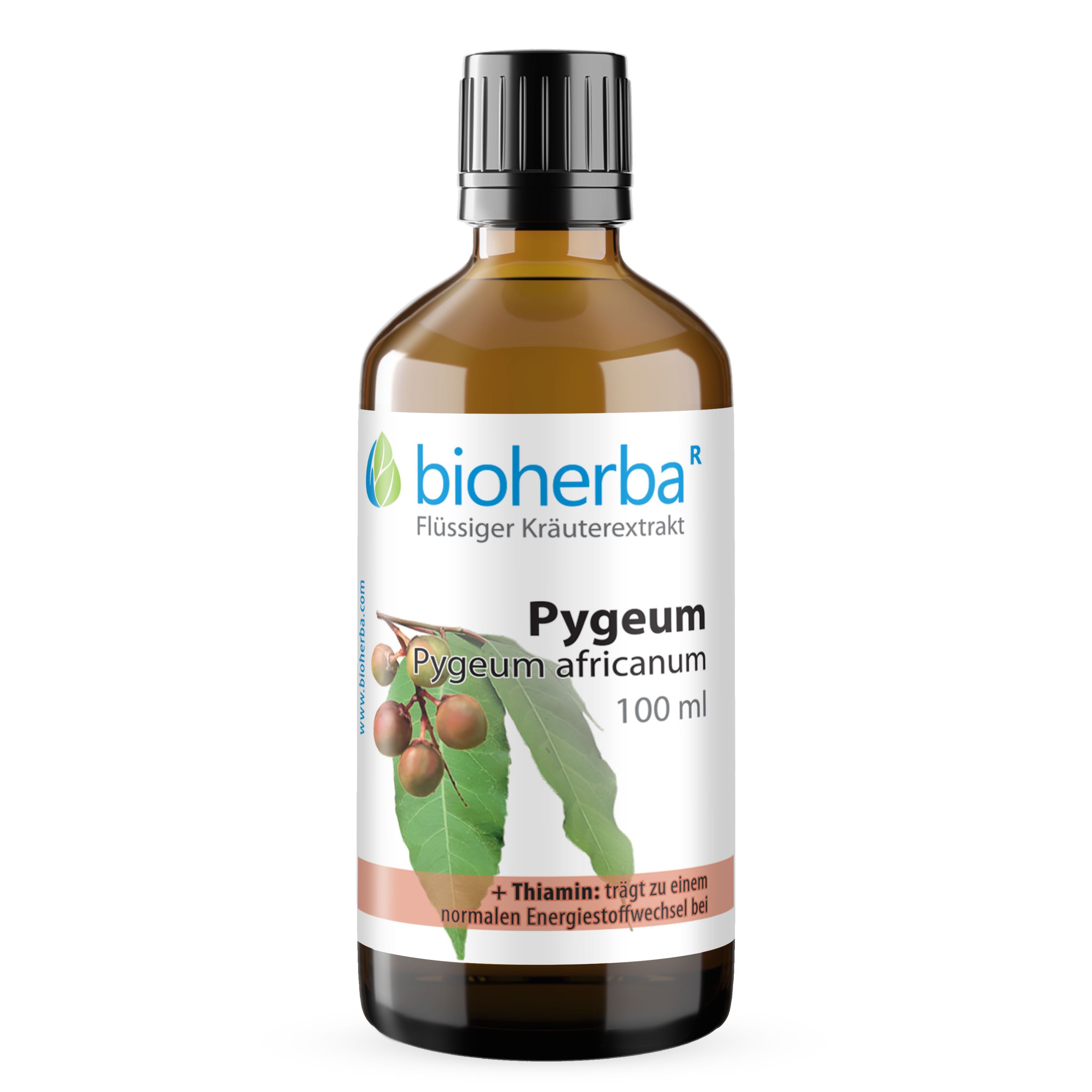 Braune Glasflasche mit schwarzem Deckel. Bioherba Pygeum africanum, 100 ml. Mit Thiamin.