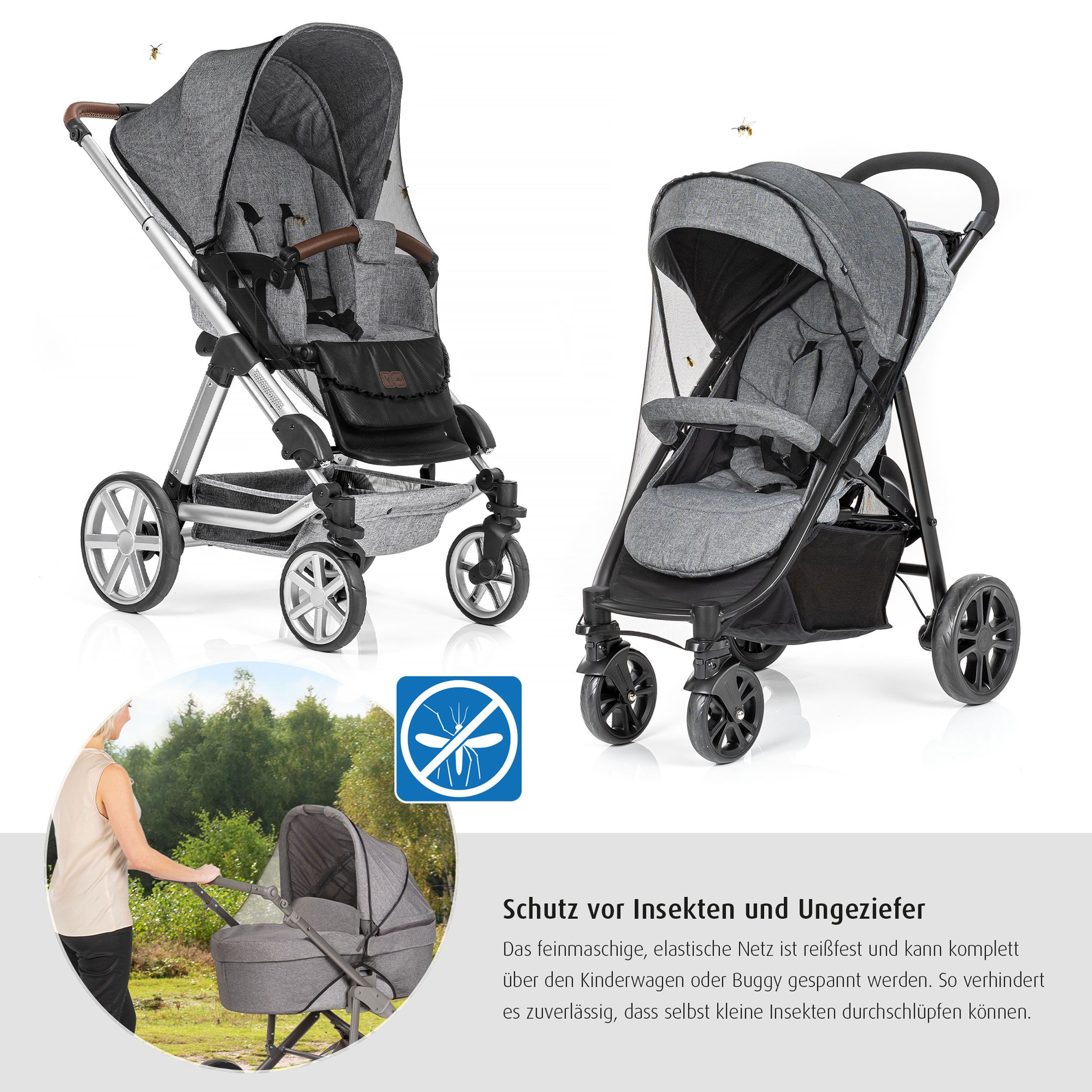 Kinderwagen mit Insektenschutz. Text: Schutz vor Insekten und Ungeziefer.