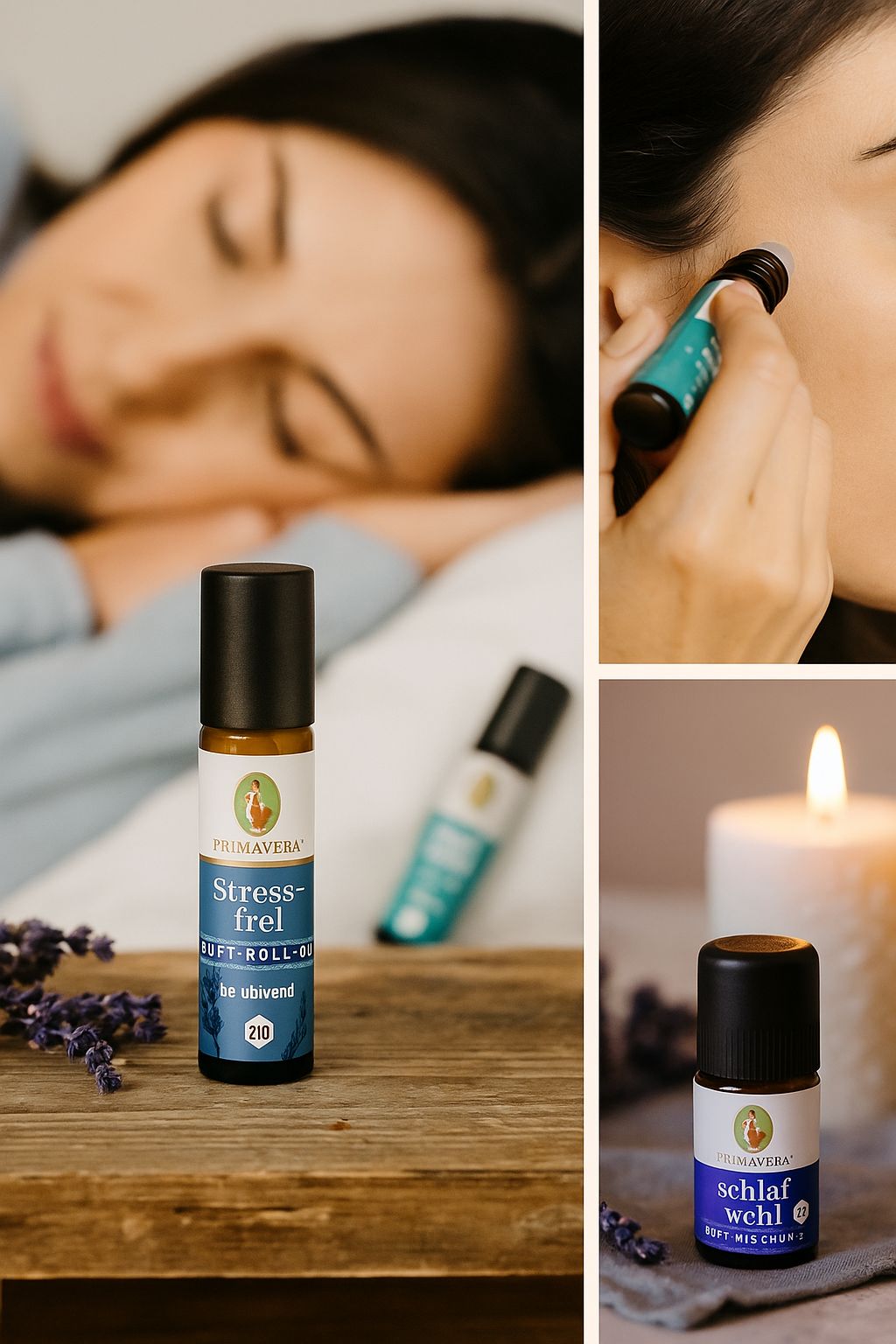 Drei Ansichten: Frau schläft, Roll-On-Flasche am Ohr, Flasche auf Tisch. Beschriftung: Stress-frei, Schlaf wohl. PRIMAVERA Logo.
