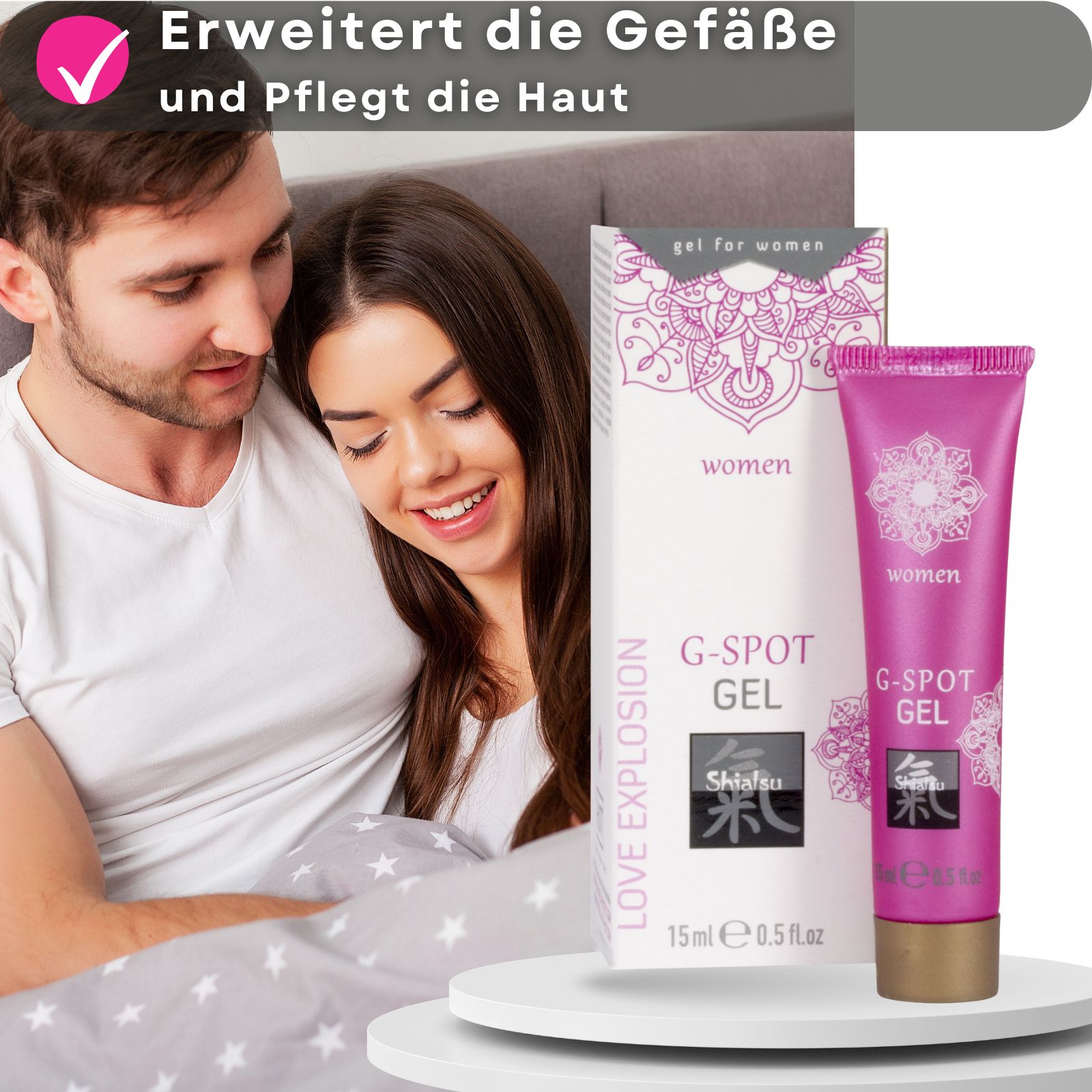 Produkt und Tube mit Text. Paar im Hintergrund. Rosa Textfelder mit Checkmarken. 15ml.
