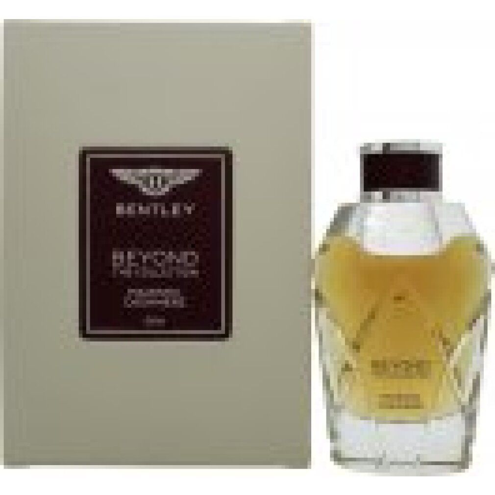 Bentley Majestic Cashmere Eau de Parfum Spray. Flakon mit braunem Verschluss und goldfarbener Flüssigkeit. Rechteckige Verpackung mit Logo.