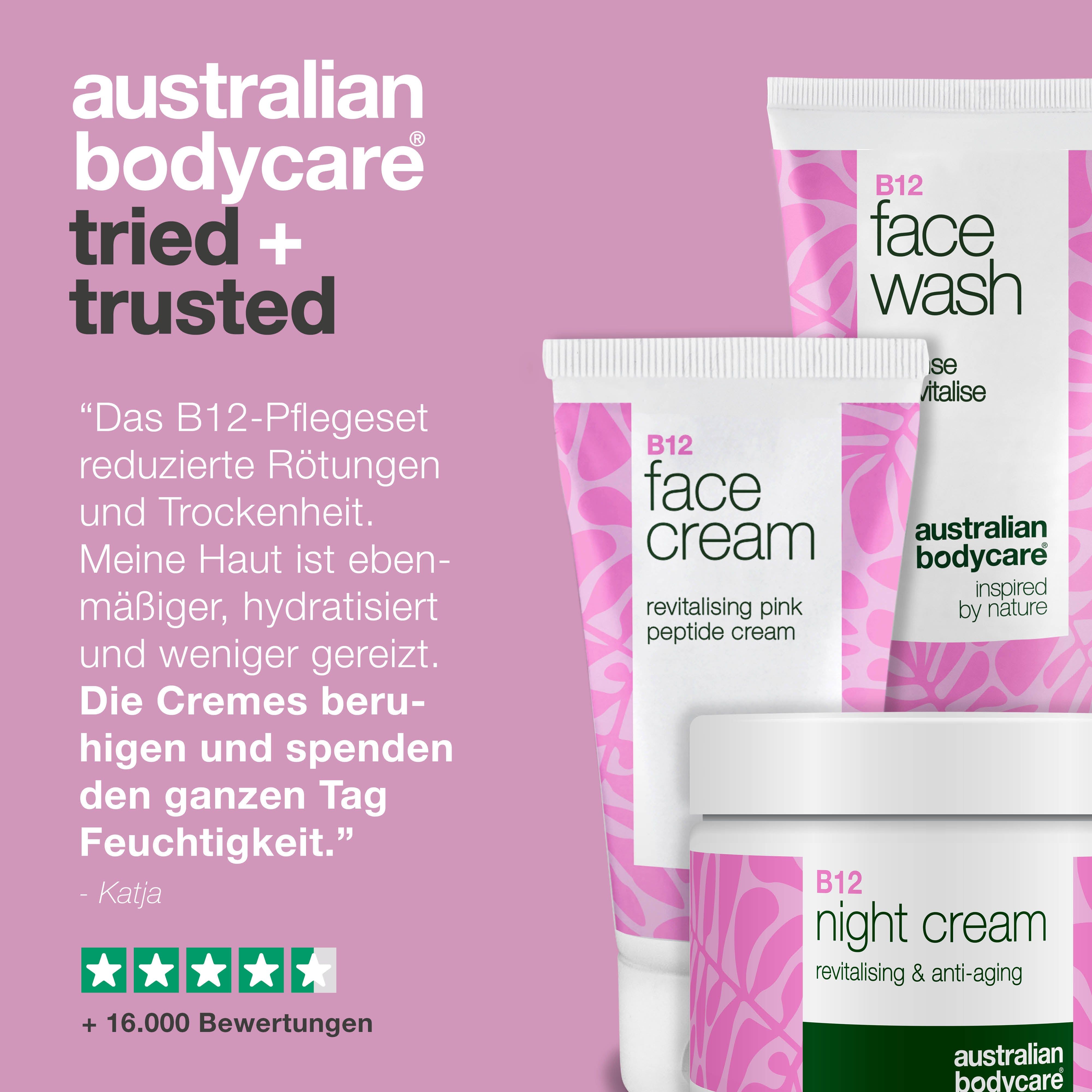 Face Wash, Face Cream und Night Cream. Zitat: Das B12-Pflegeset reduzierte Rötungen und Trockenheit. +16.000 Bewertungen.