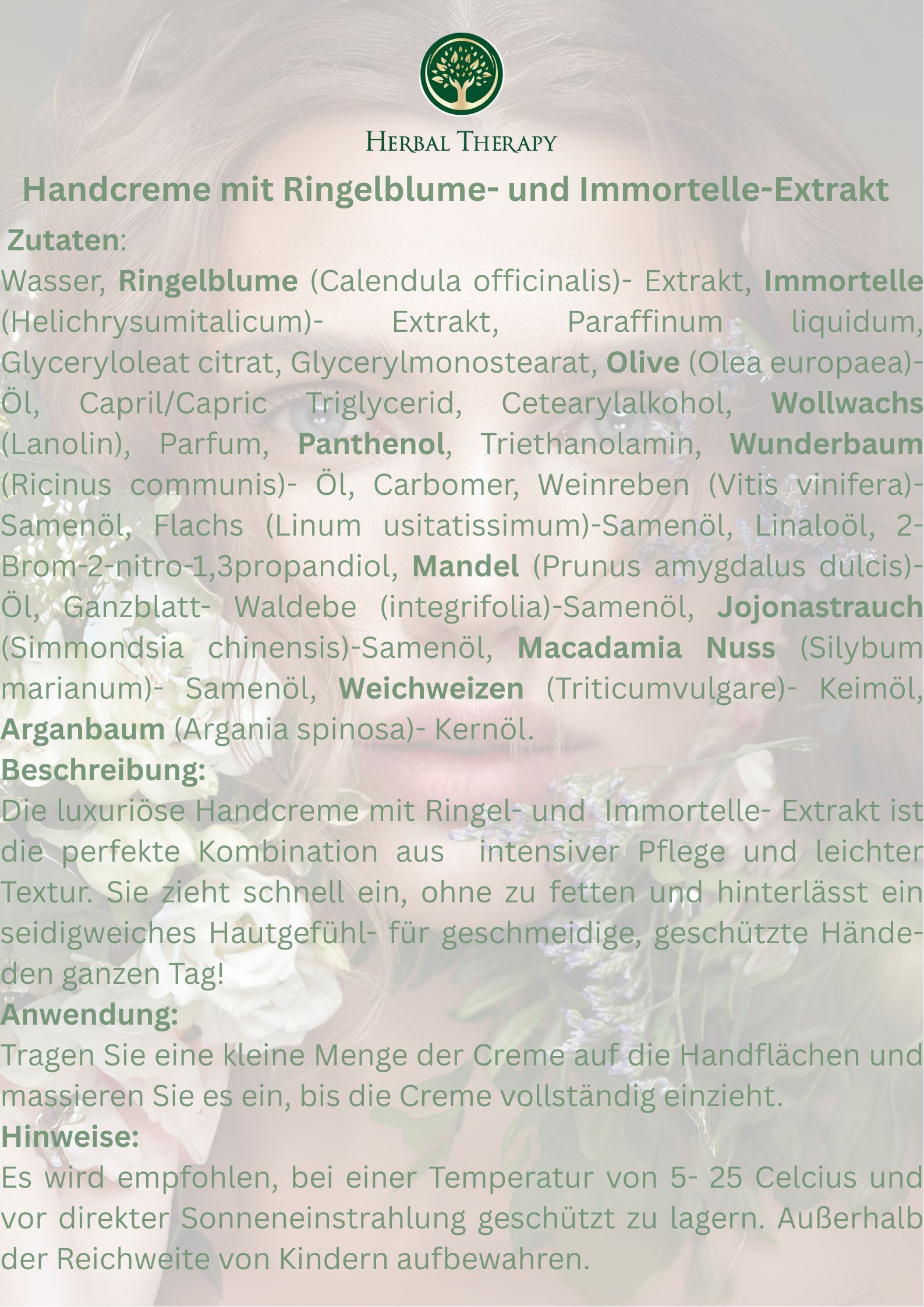 Text-basierte Anzeige mit Herbal Therapy Logo. Text: Handcreme mit Ringelblume- und Immortelle-Extrakt. Auflistung von Inhaltsstoffen.