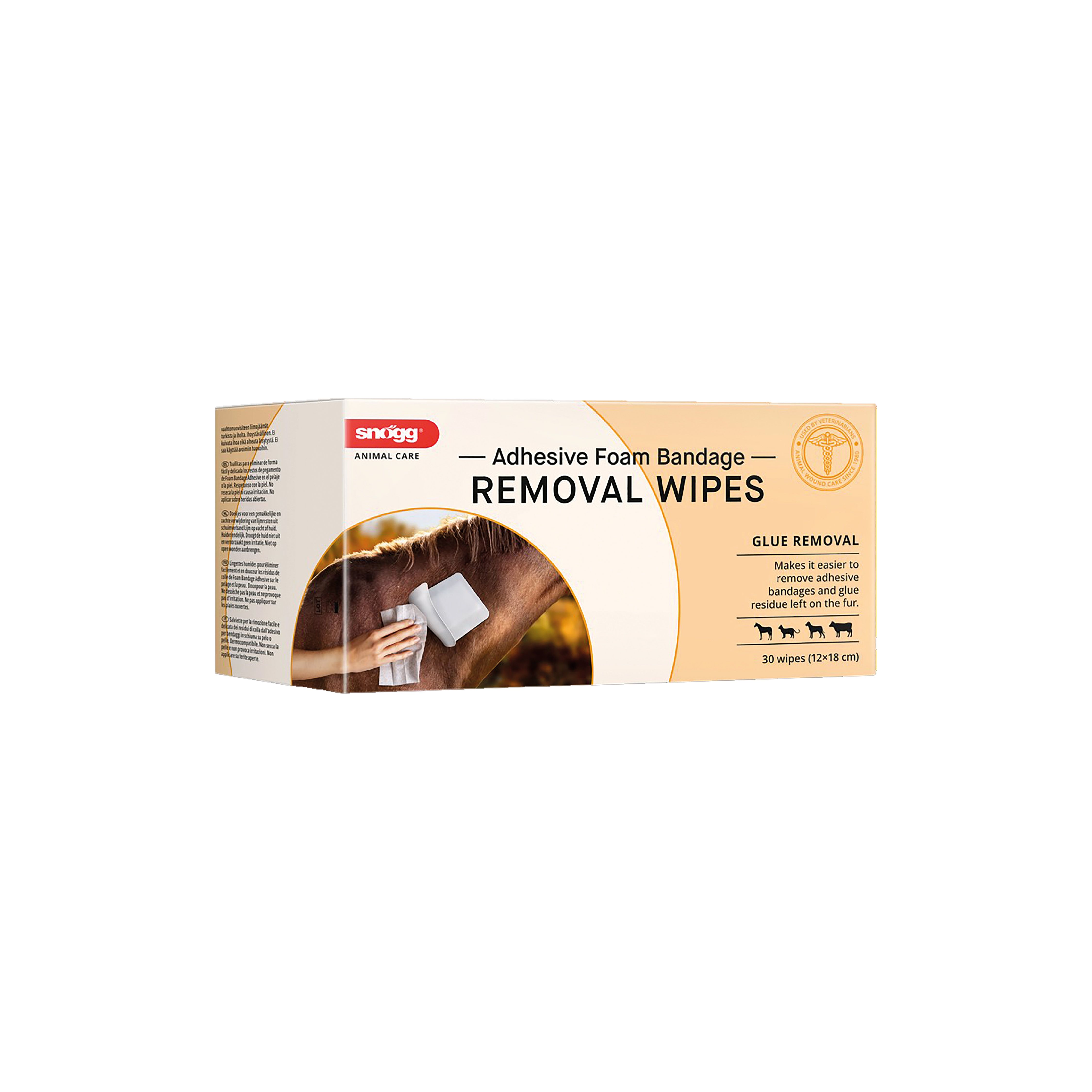 Box mit Snögg Removal Wipes. Aufschrift: Adhesive Foam Bandage - Removal Wipes. 30 Tücher (12x18 cm).