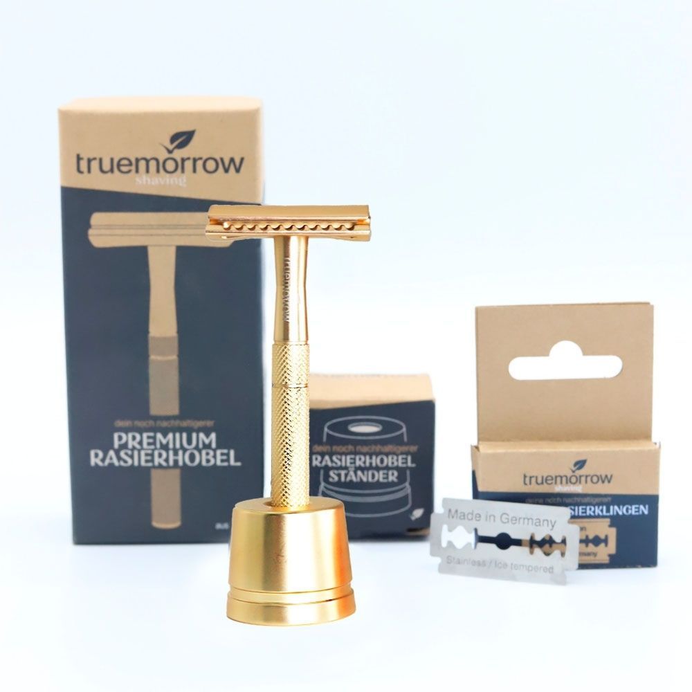 truemorrow Shaving Starter-Set (mit Premium Rasierhobel, Ständer und 10 Klingen) gold