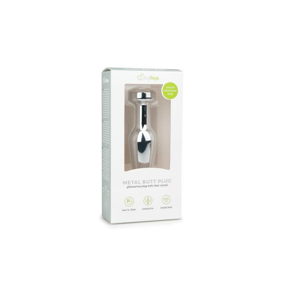 Verpackung für einen Metall-Analplug. Weißer Karton mit Produktabbildung und Text. Marke: Easytoys.