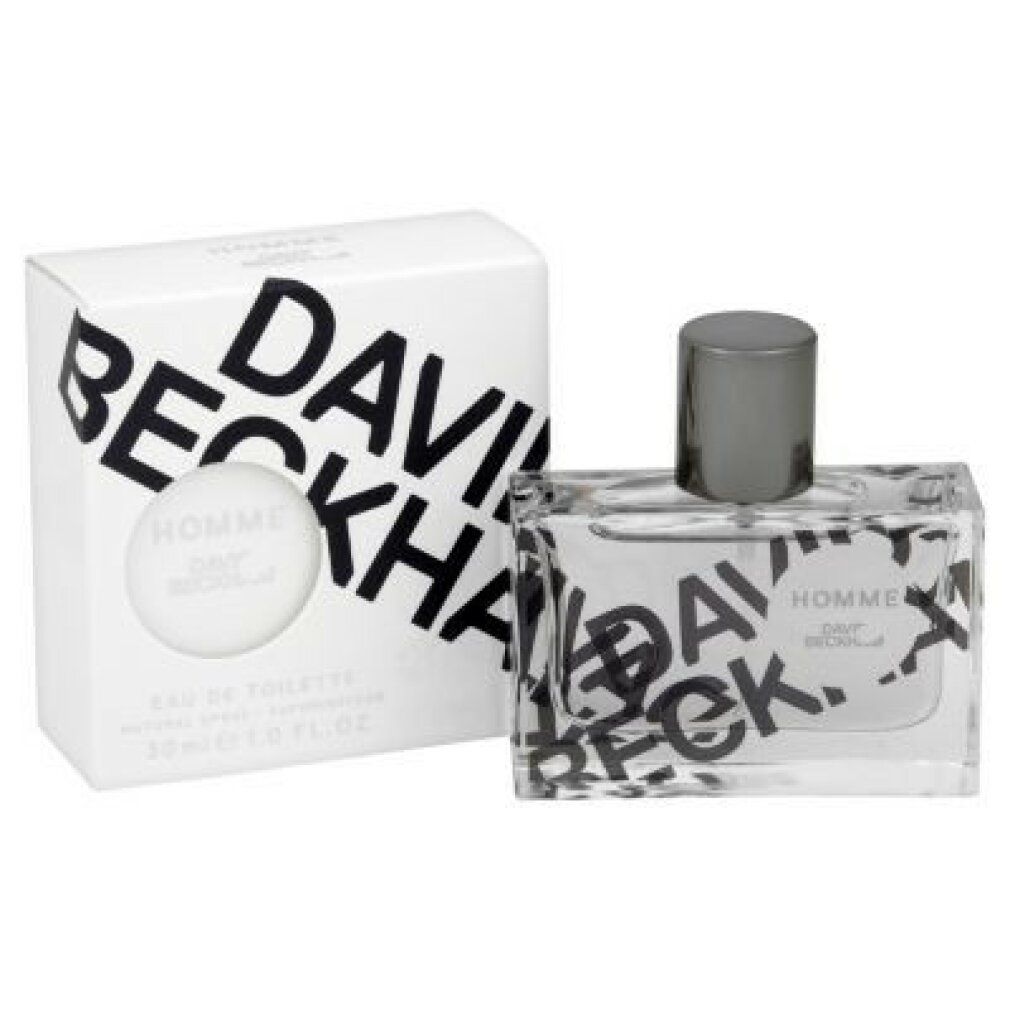 Flakon und Verpackung. Rechteckiger Flakon mit silbernem Deckel. Aufschrift "HOMME" und "DAVID BECKHAM". Verpackung mit Logo.