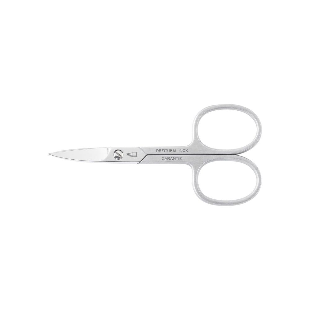 Nagelschere aus Edelstahl. Mit zwei Griffringen und spitzer Spitze. Aufschrift: DREITURM INOX GARANTIE.