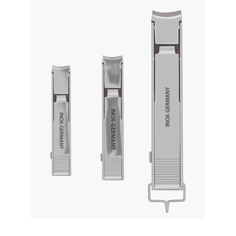 Drei Nagelknipser aus Metall. Auf jedem steht "INOX-GERMANY". Unterschiedliche Größen, mit Hebel und Auffangvorrichtung.