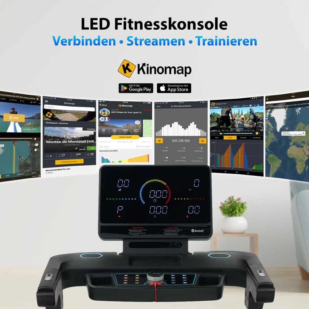 Konsole des Laufbands T16 mit LED-Anzeige und Kinomap-App-Screens.