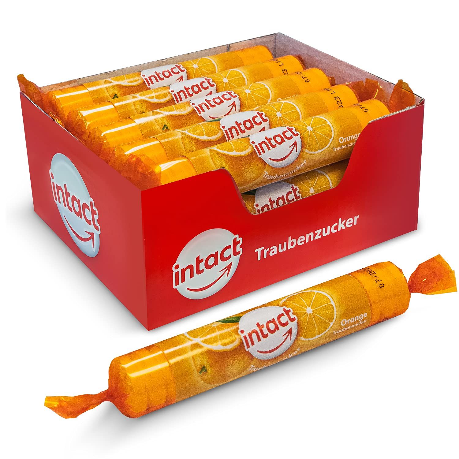 Eine Schachtel mit Rollen Traubenzucker. Eine Rolle liegt davor. Auf den Rollen ist der Schriftzug "intact" und eine Orange abgebildet.
