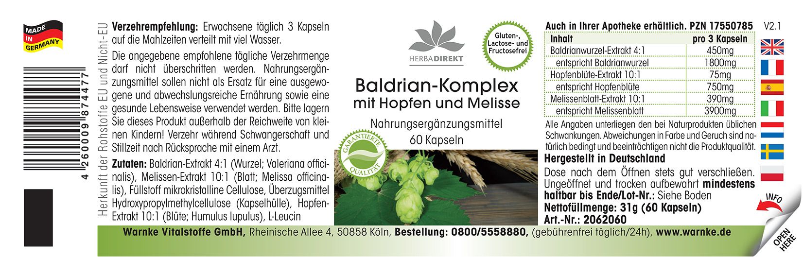 Warnke Vitalstoffe | Baldrian-Extrakt Plus mit Hopfen und Melisse
