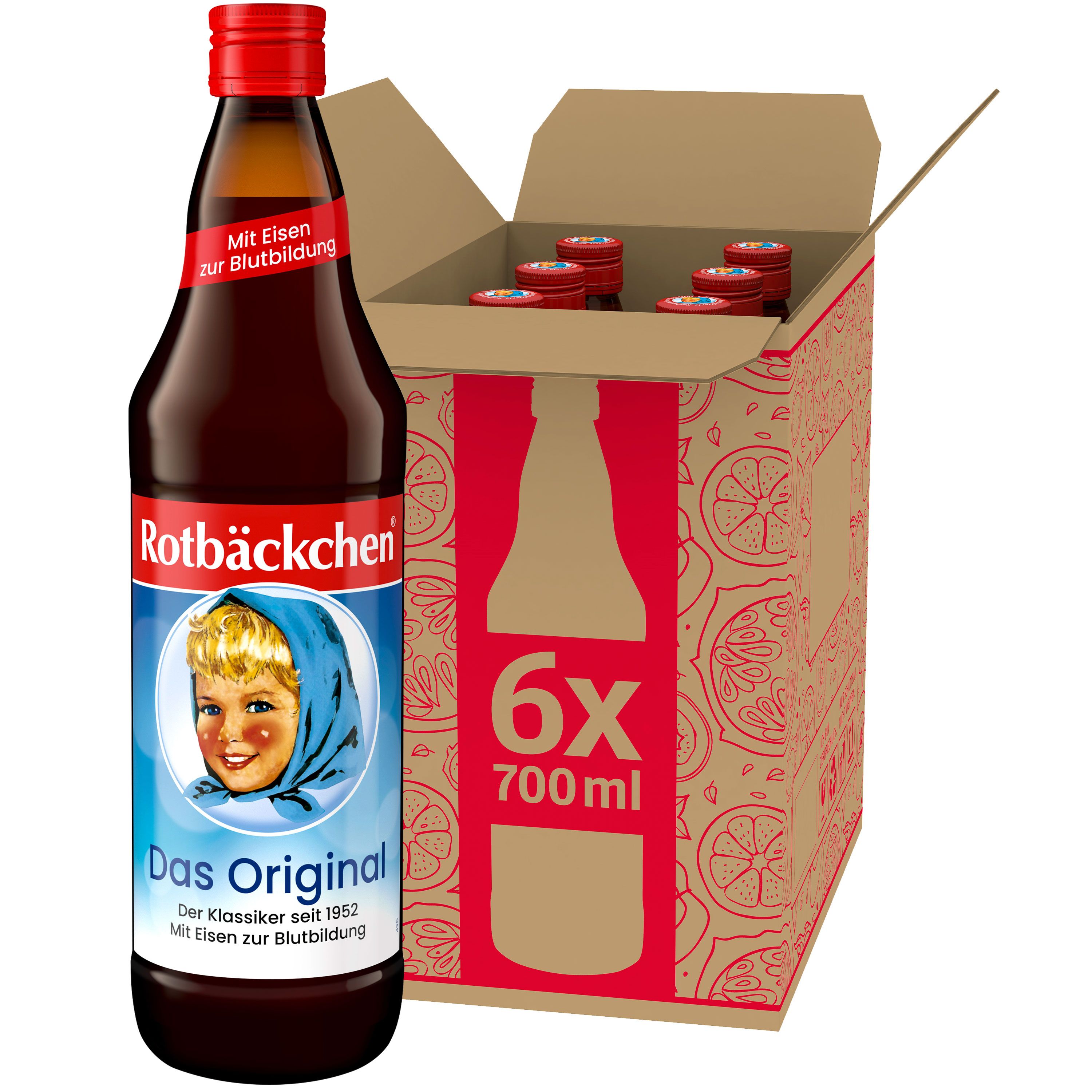 Rotbäckchen Das Original Flasche mit rotem Verschluss, neben einer geöffneten Kartonverpackung mit weiteren Flaschen.