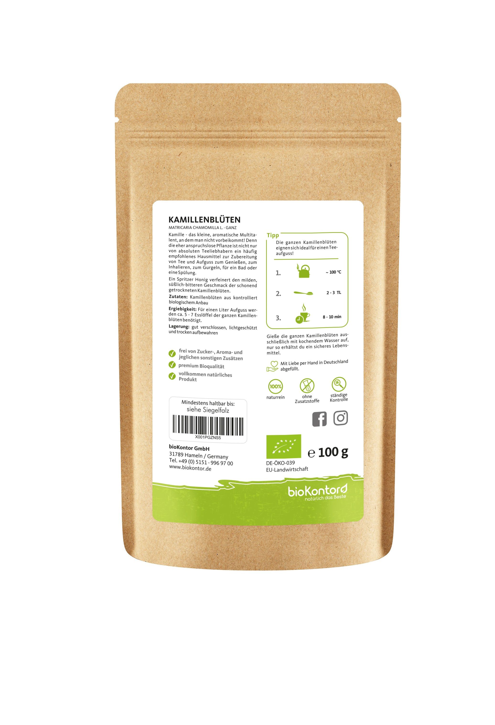 Rückseite eines Kamillenblüten-Beutels. Textinformationen, Zubereitungshinweise, Bio-Siegel und Markenlogo. Inhalt: 100 g.