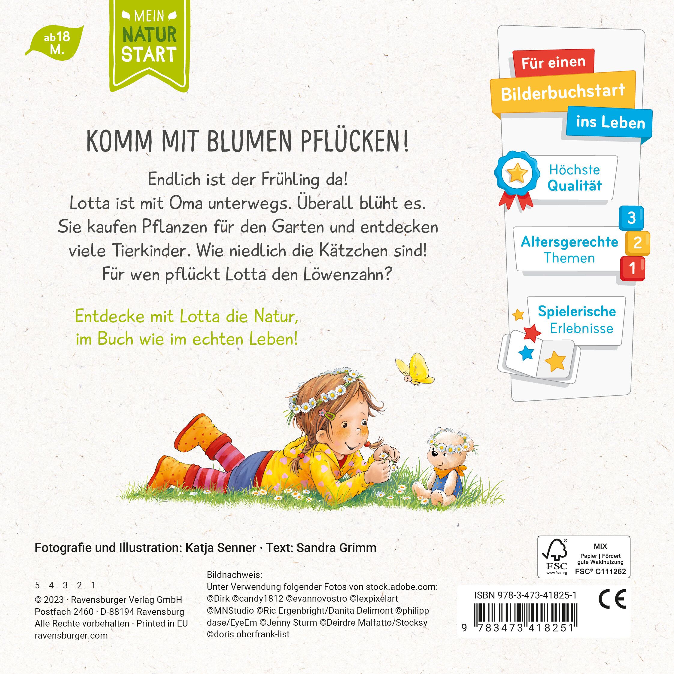 Rückseite des Buches Lotta entdeckt die Welt: Im Frühling. Text, Illustrationen, Logos und ISBN.