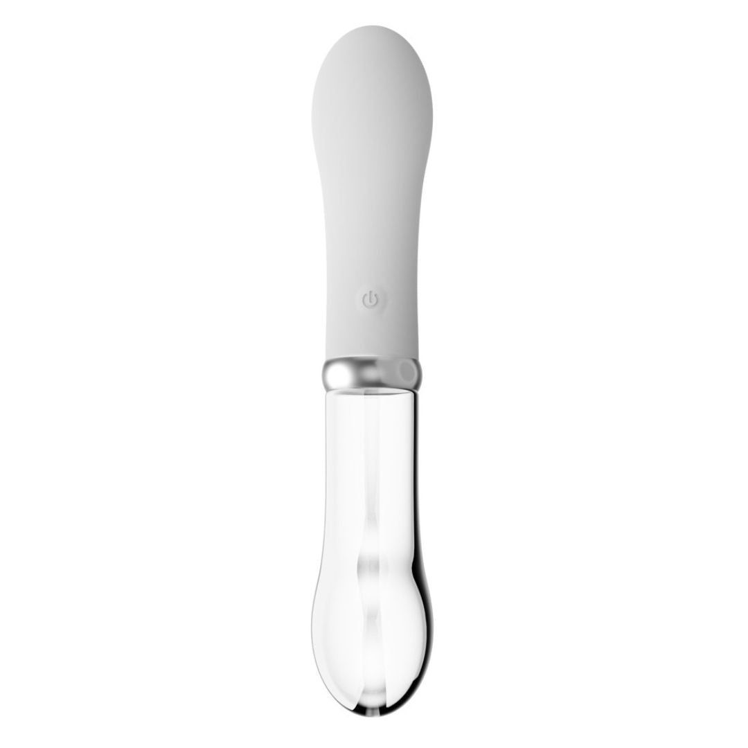 Weißer Vibrator mit transparentem, tropfenförmigem Teil. Mit Power-Taste. Vertikale Ansicht.