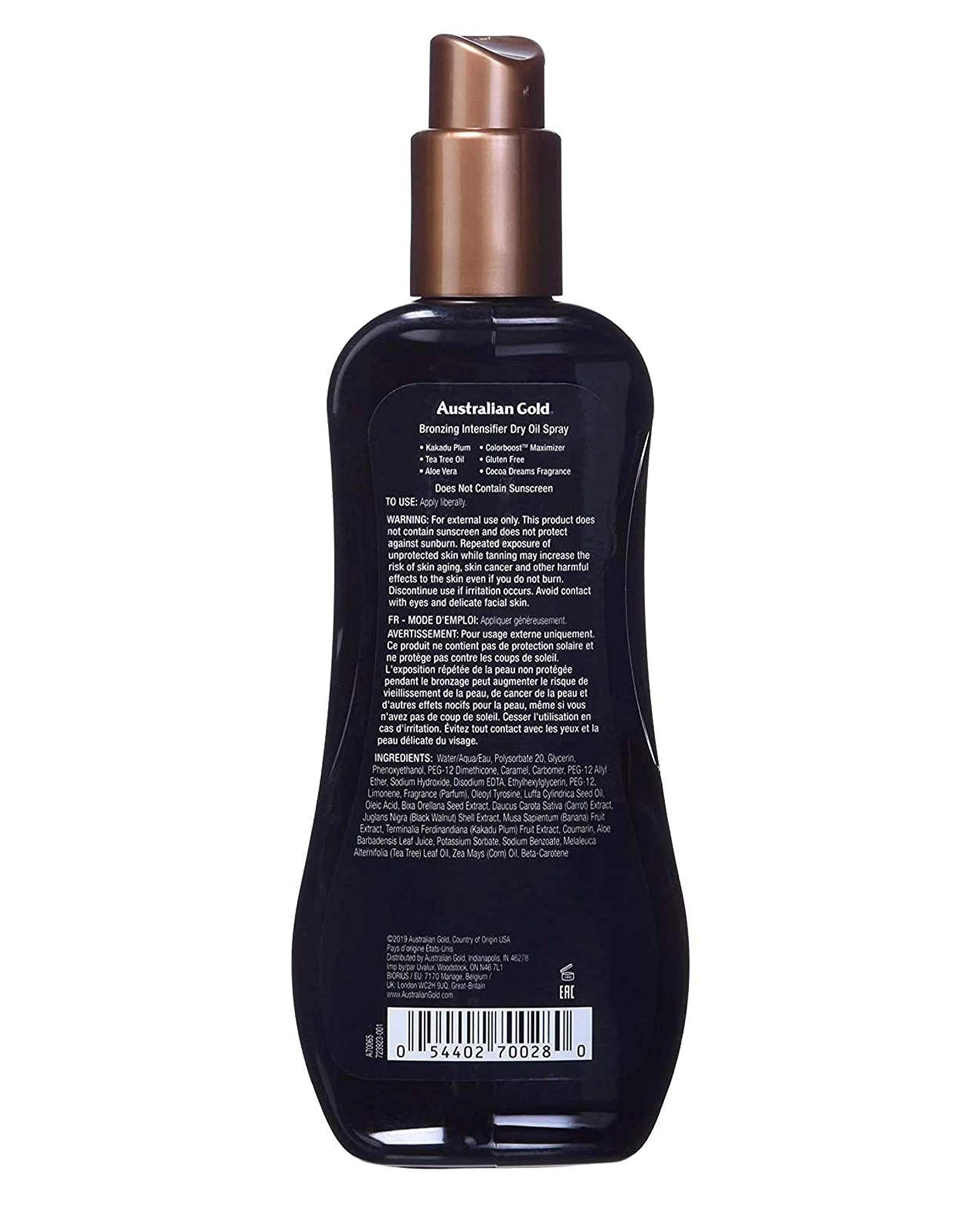 Rückseite einer braunen Sprühflasche. Text: Australian Gold, Warnhinweise, Inhaltsstoffe, 237 ml.