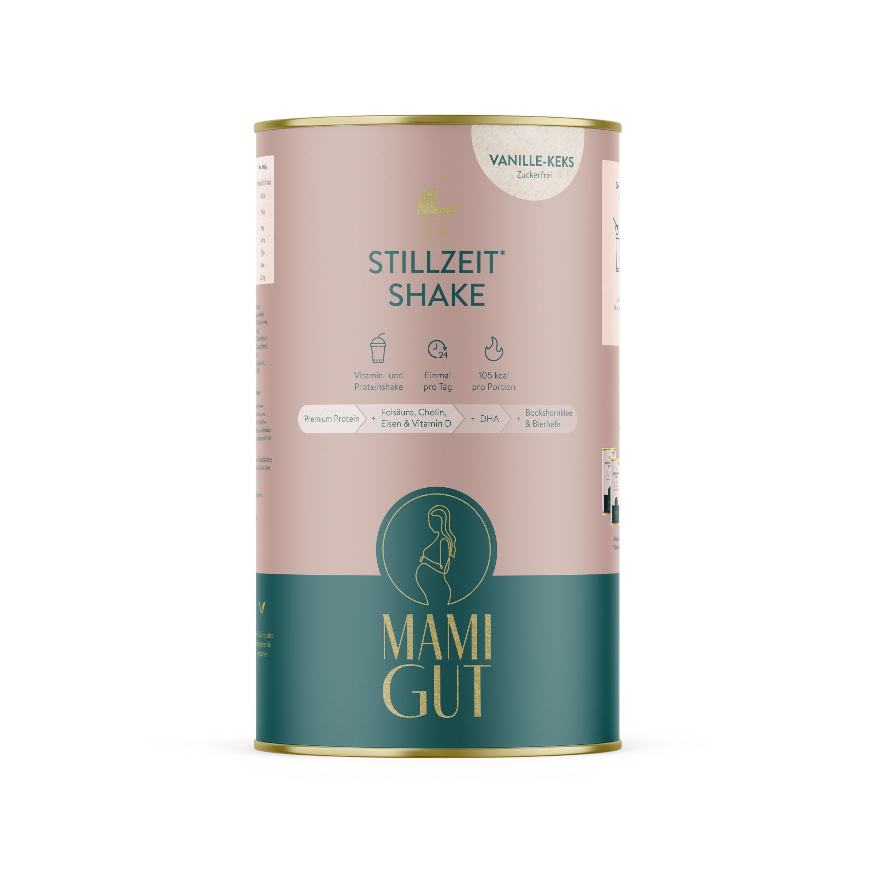 MamiGut Stillzeit Shake-Dose. Aufschrift: Vanille-Keks, Stillzeit Shake, 100 kcal pro Portion, Proteine, Cholin, Eisen & Vitamin D.